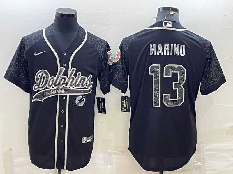 Mens Miami Dolphins #13 Dan Marino Black Reflective With Patch Cool Base Stitched Baseball Jersey